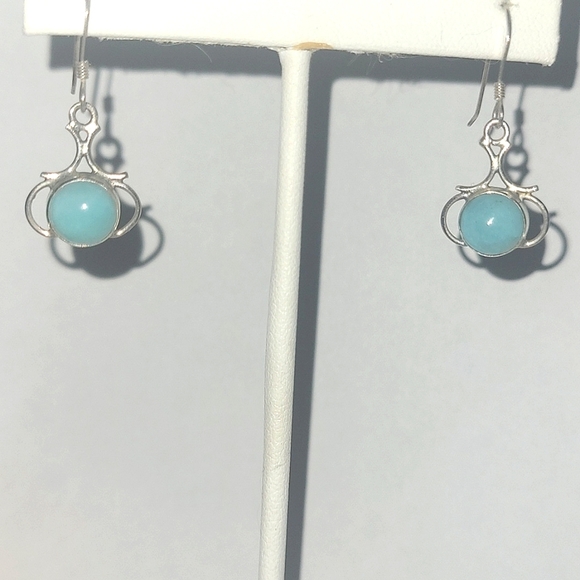 Earring Sterling Silver Wire Wrapped Blue Chrysocolla Chalcedony Rounds Feminine - Picture 2 of 5